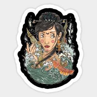 A girl with four eyes emerges from the abyss of the sea Sticker